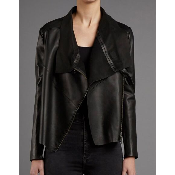 Muubaa lamb leather navy draped zipper jacket 6 - Picture 2 of 16